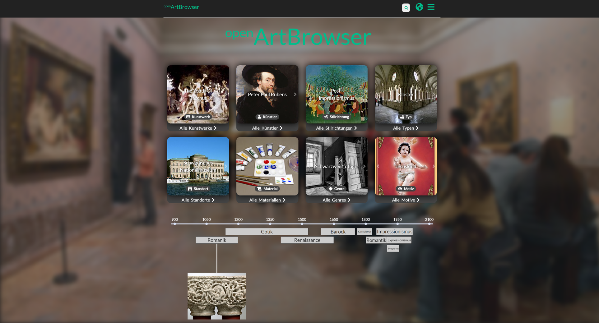Screenshot von der Oberfläche des ArtBrowsers mit verschiedenen Kacheln für verschiedene Filtermöglichkeiten