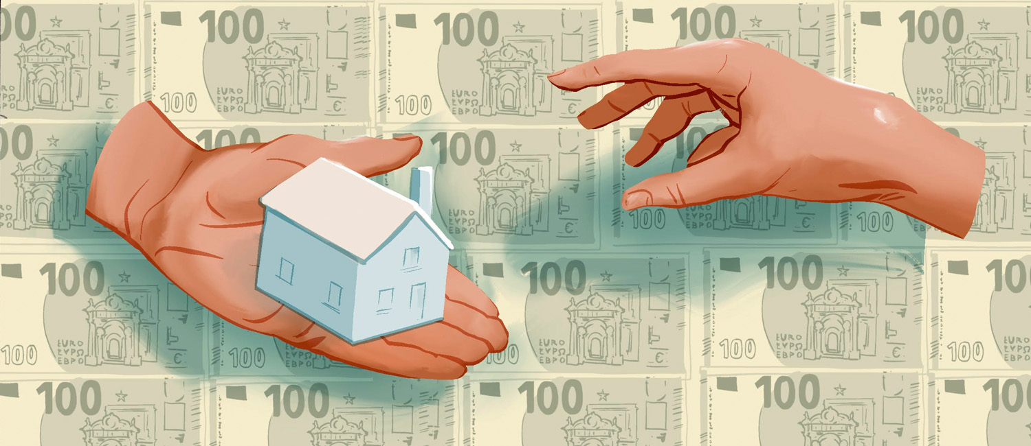 Illustration einer Hand, die ein Haus hält und einer anderen Hand reicht. Im Hintergrund sind Geldnoten zu sehen.