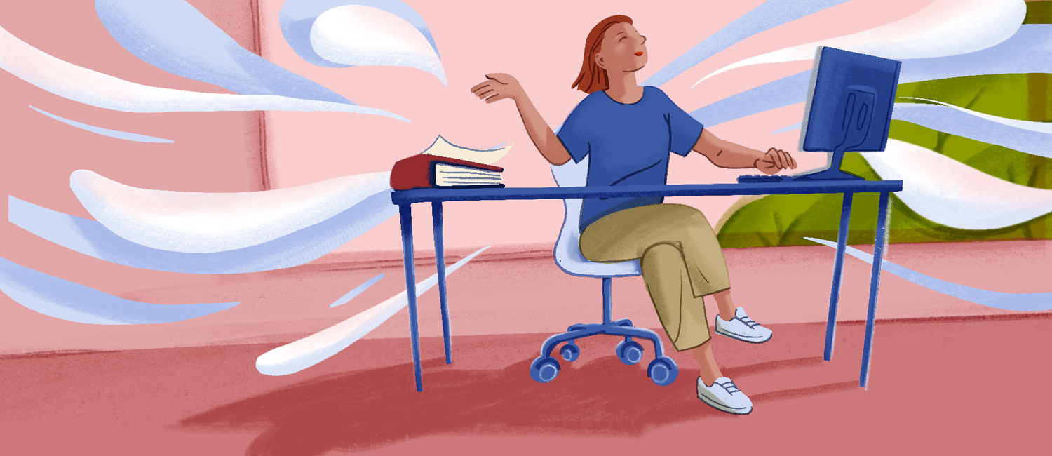 Farbige Illustration: Frau am Schreibtisch