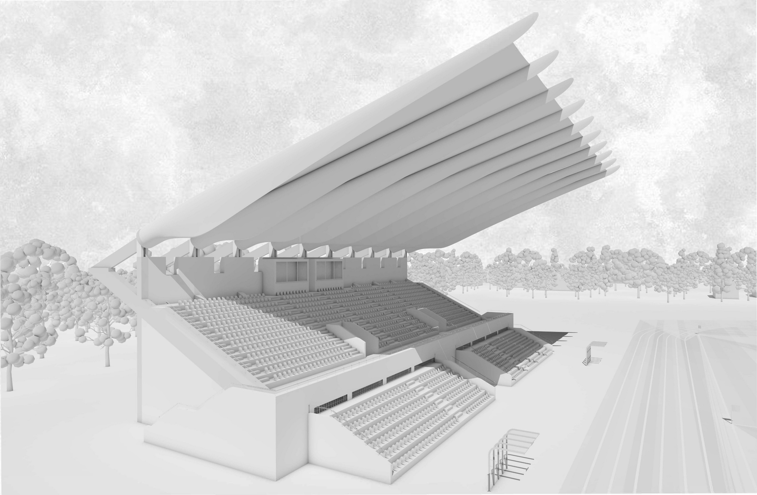 Rendering eines Stadiondaches aus Rotorblättern