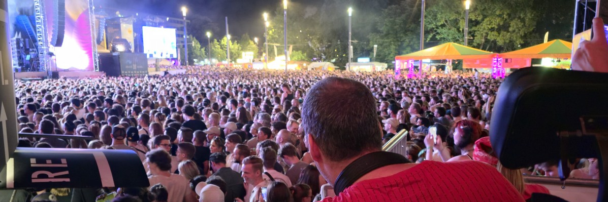 Blick über die Schulter eines Rolli-Fahrers Richtung Bühne über die Zuschauermenge beim Schlossgrabenfestival