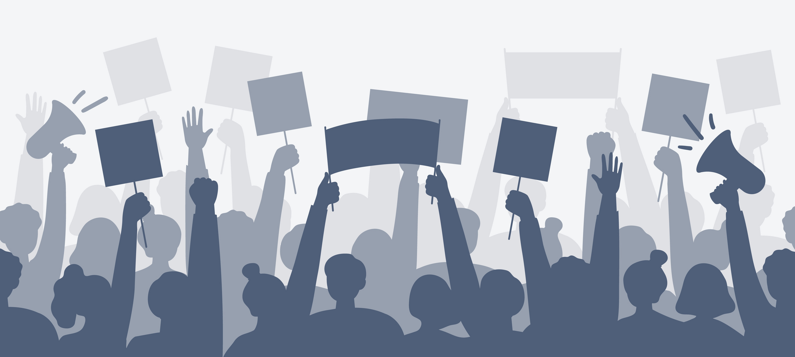 Grafik in Grautönen zeigte die Silhouetten von Menschen auf eine Demonstration