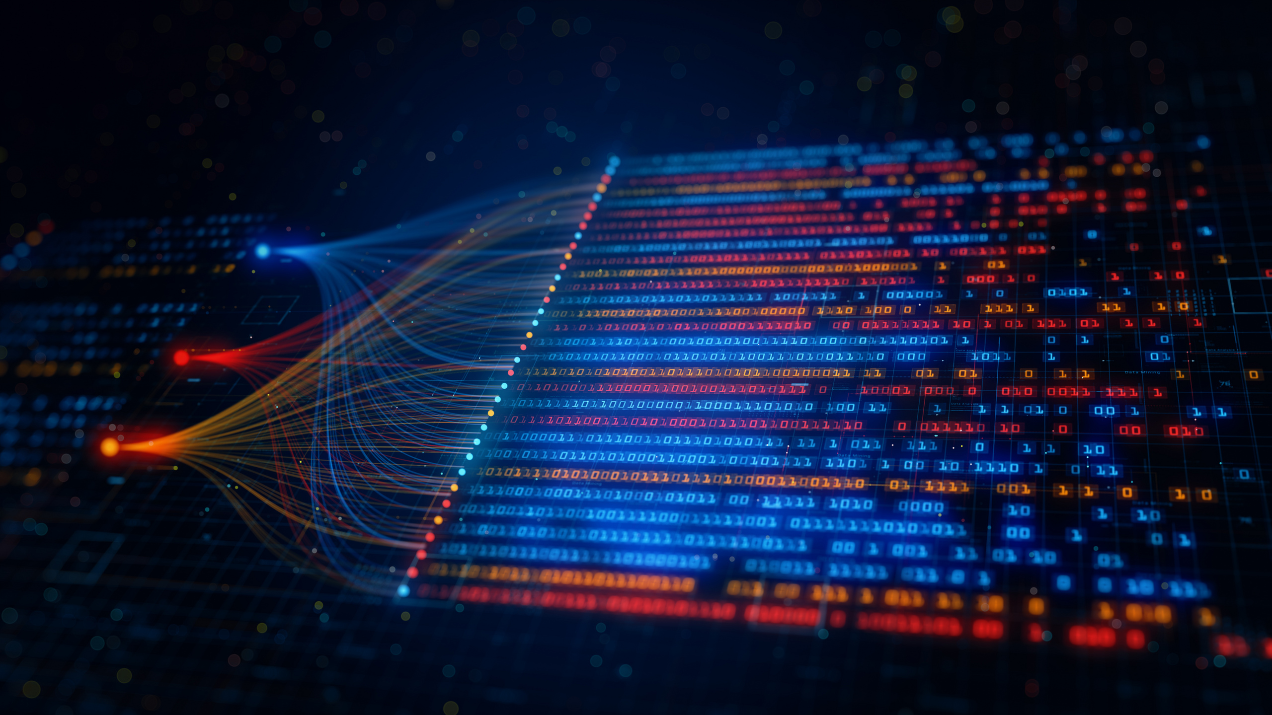 Dunkler Hintergrund mit blau und rot leuchtenden Code-Zeilen darauf