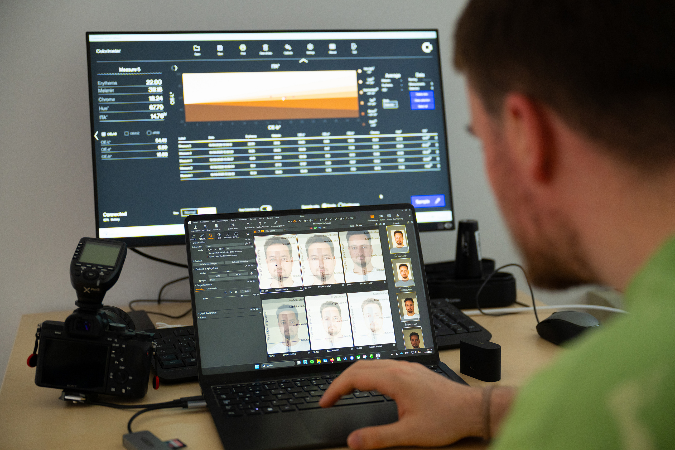 Reihen von biometrischen Passfotos auf einem Bildschirm