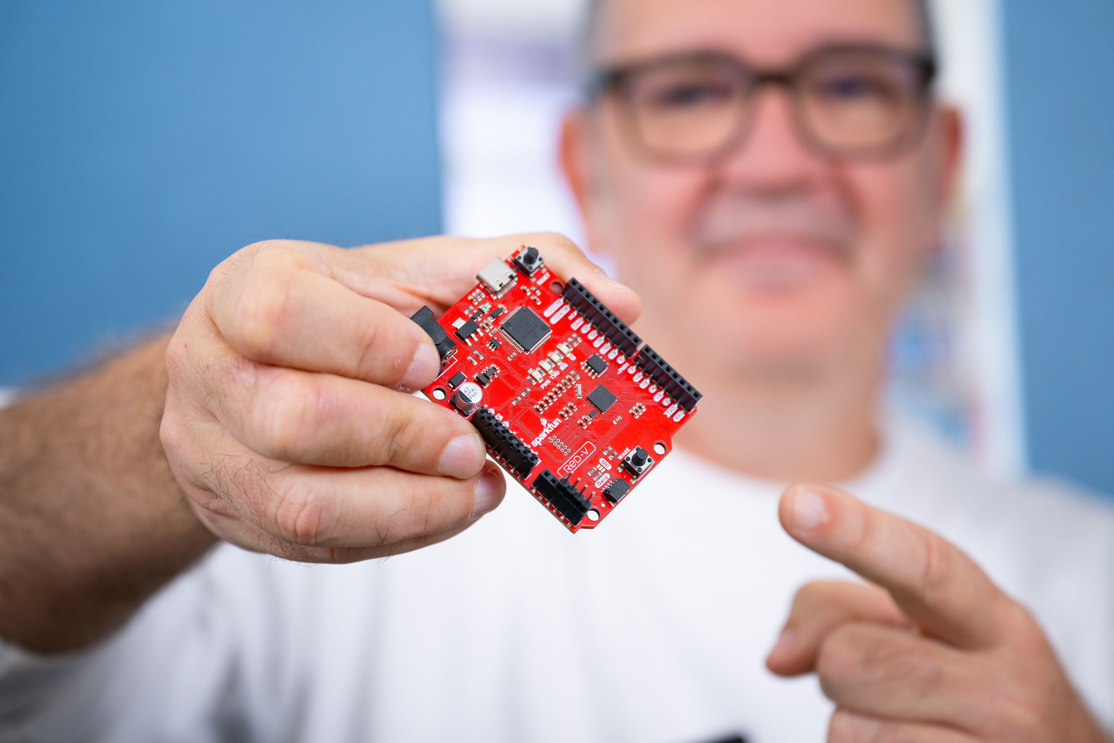 Close-up photo of a red RISC-V-Board