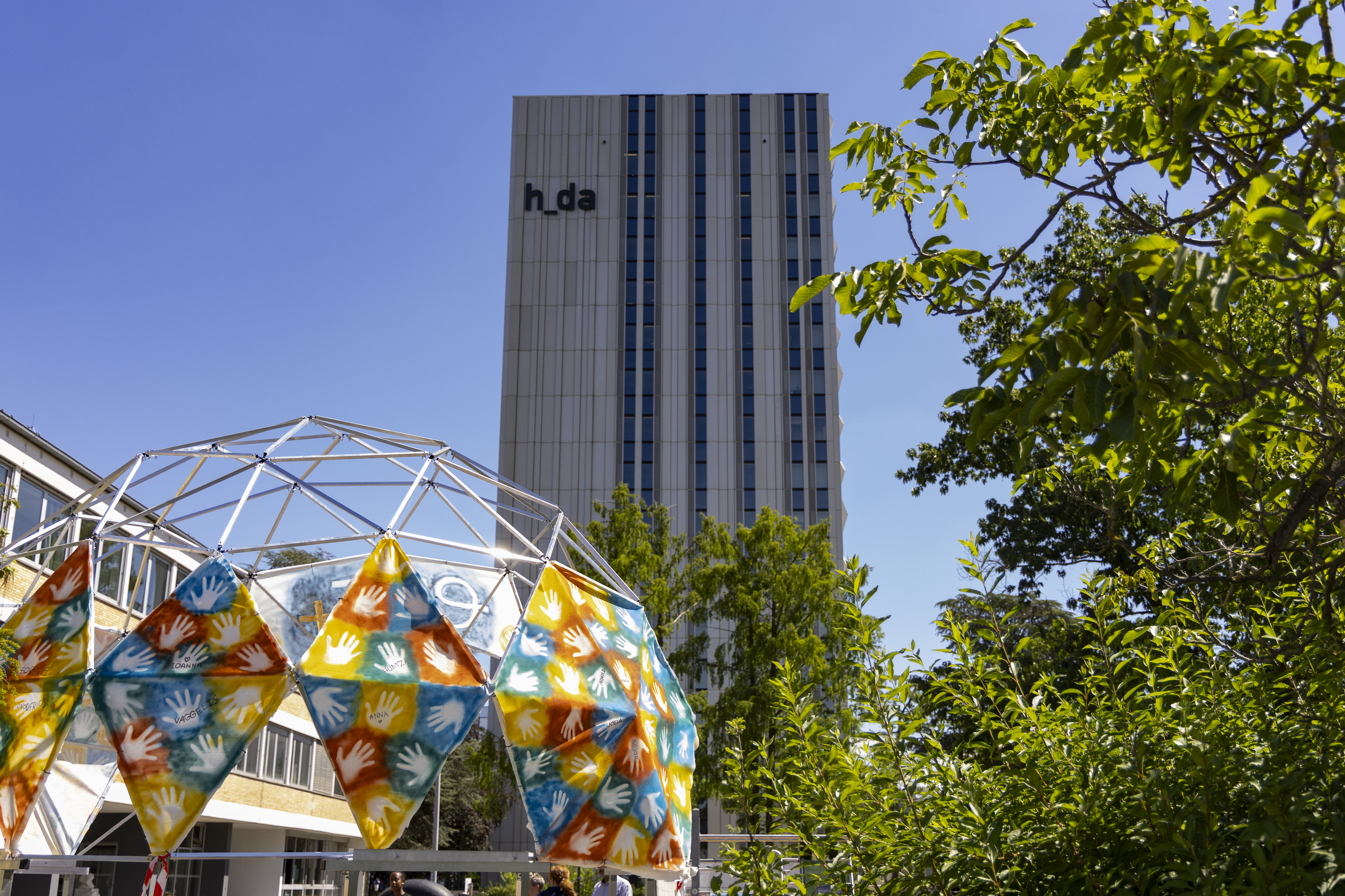 View of the dome, with the h_da high-rise behind it