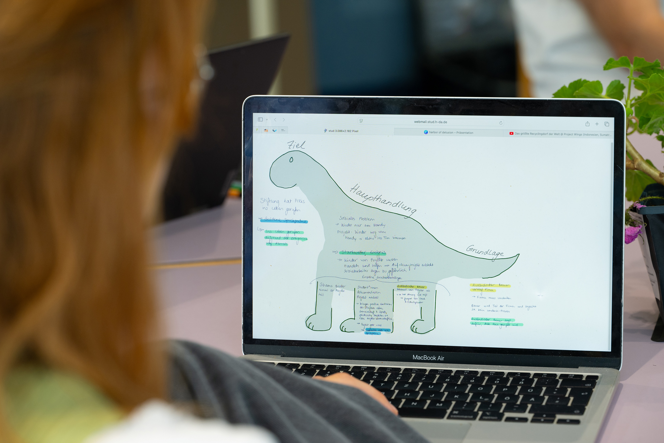 Blick auf einen Bildschirm mit der Silhouette eines Dinos und Stichpunkten für eine Geschichte 